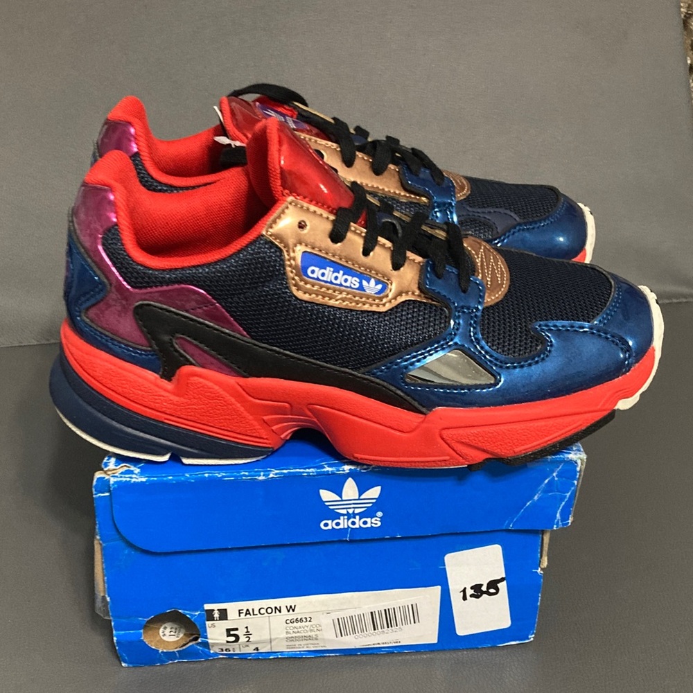Adidas Falcon W with shiny Red and Blue Sneakers